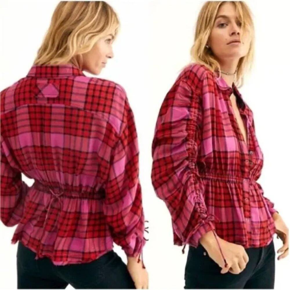 Free People Pacific Dawn Pink & Red Plaid Blouse